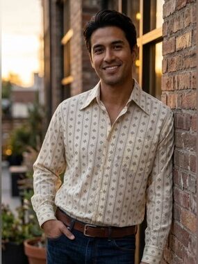 Vintage Campus Man-Fit Shirt Mens L Cream and Black Geometric 70s